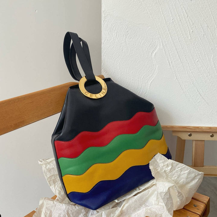 CELINE Multicolor Rainbow Leather Bucket Bag（Black × Rainbow Stripes）｜Rare Statement Piece × Joyful Vibes 🌈✨