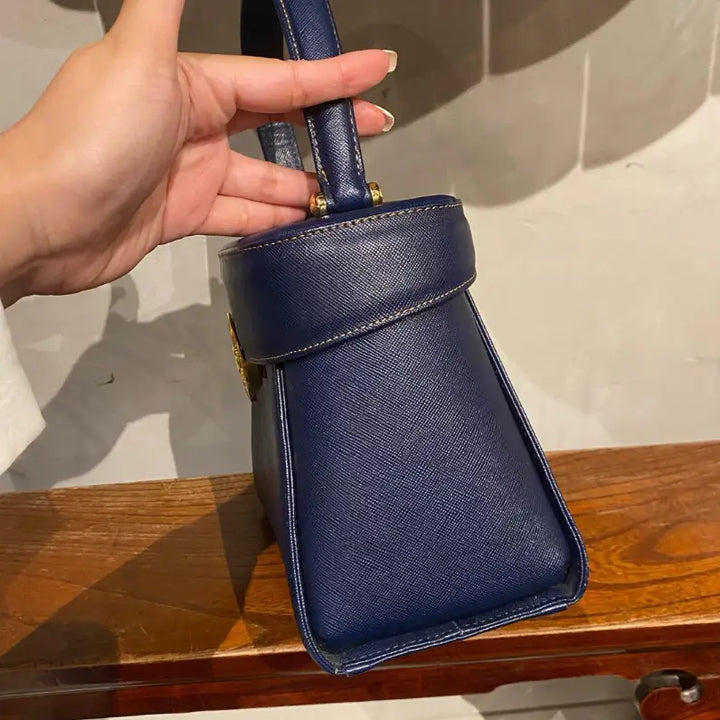 VALENTINO Navy Blue Gold Medallion Vanity Bag｜Elegant Structured Shape × Winter-Perfect Shade 💙