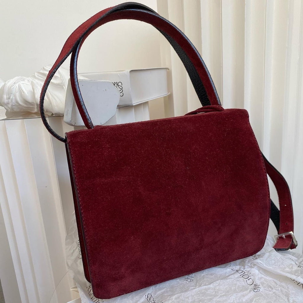 LOEWE Burgundy Suede Silver-Leaf Bag｜Elegant Structured Top Handle in Rich Burgundy Suede ❤️ Timeless Statement Piece