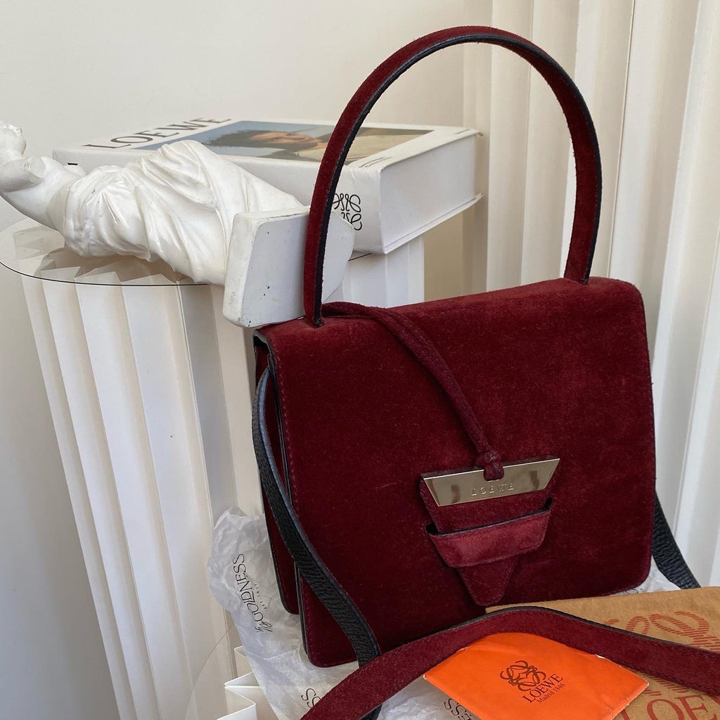 LOEWE Burgundy Suede Silver-Leaf Bag｜Elegant Structured Top Handle in Rich Burgundy Suede ❤️ Timeless Statement Piece