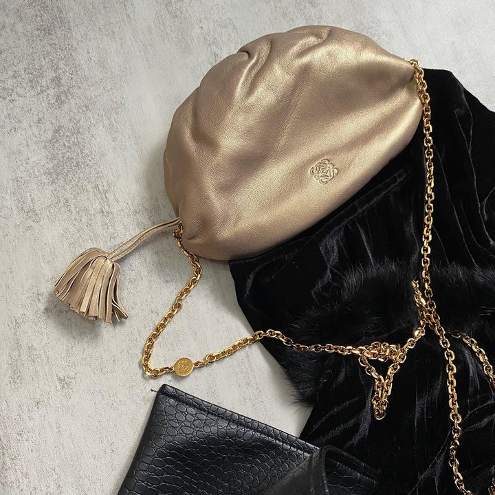 LOEWE Olive-Gold Cloud Kisslock Bag｜Mini Crossbody with Intricate Chain & Tassel Details ☁💛 Rare & Adorable