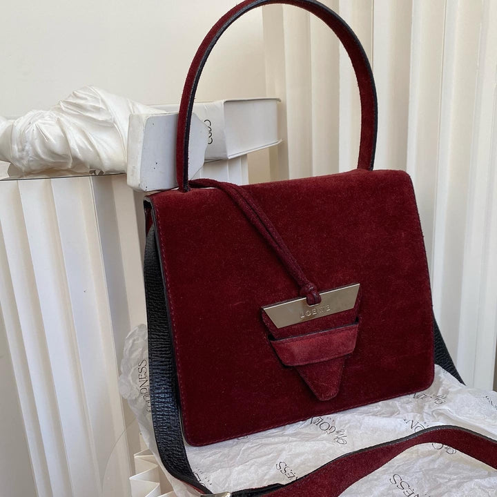 LOEWE Burgundy Suede Silver-Leaf Bag｜Elegant Structured Top Handle in Rich Burgundy Suede ❤️ Timeless Statement Piece