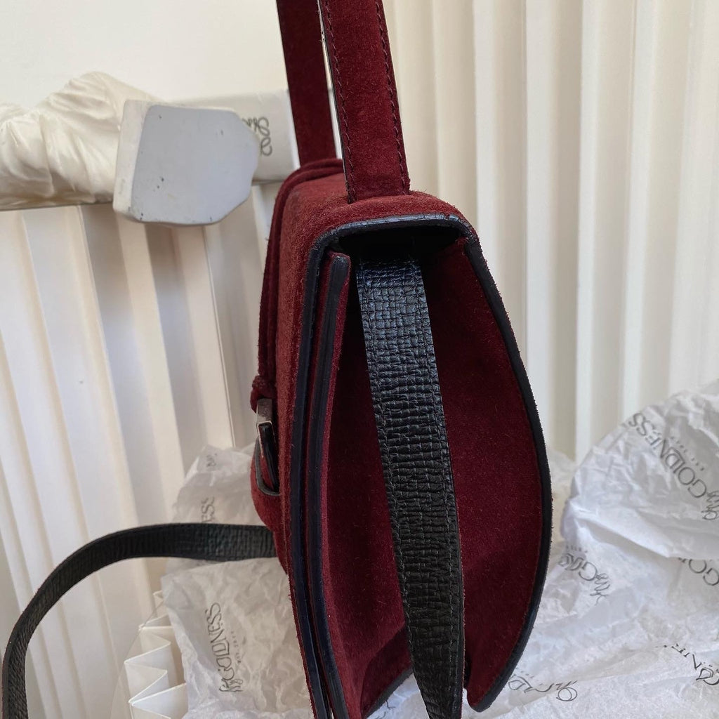 LOEWE Burgundy Suede Silver-Leaf Bag｜Elegant Structured Top Handle in Rich Burgundy Suede ❤️ Timeless Statement Piece