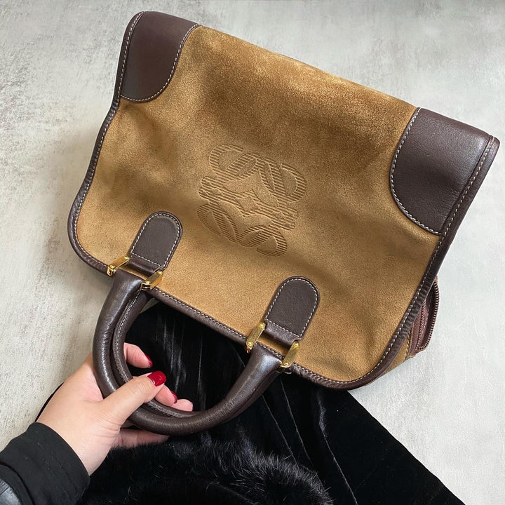 LOEWE Brown & Tan Suede Amazona｜Vintage “Biscuit” Colorway Top Handle Bag 🤎 Timeless & Practical Classic