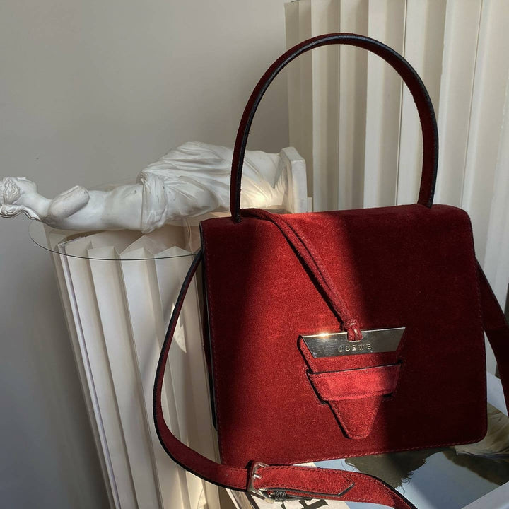 LOEWE Burgundy Suede Silver-Leaf Bag｜Elegant Structured Top Handle in Rich Burgundy Suede ❤️ Timeless Statement Piece