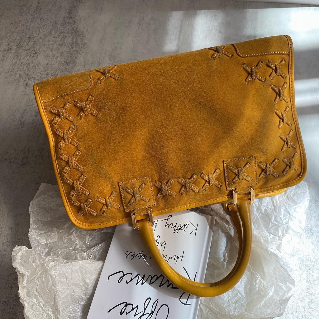 LOEWE Mustard Suede Amazona Bag｜Limited Edition Woven Detail 🧳✨ Winter-Perfect Vintage Statement