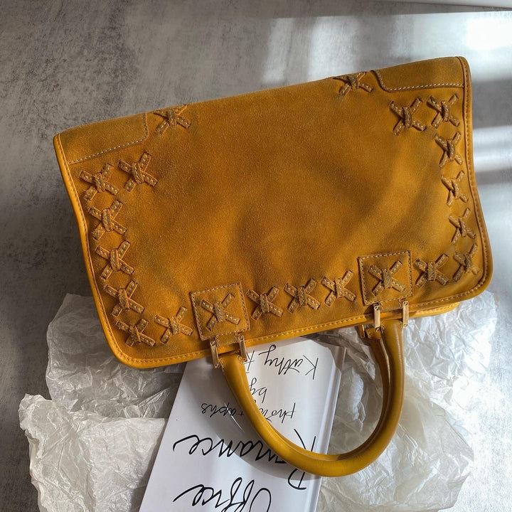 LOEWE Mustard Suede Amazona Bag｜Limited Edition Woven Detail 🧳✨ Winter-Perfect Vintage Statement