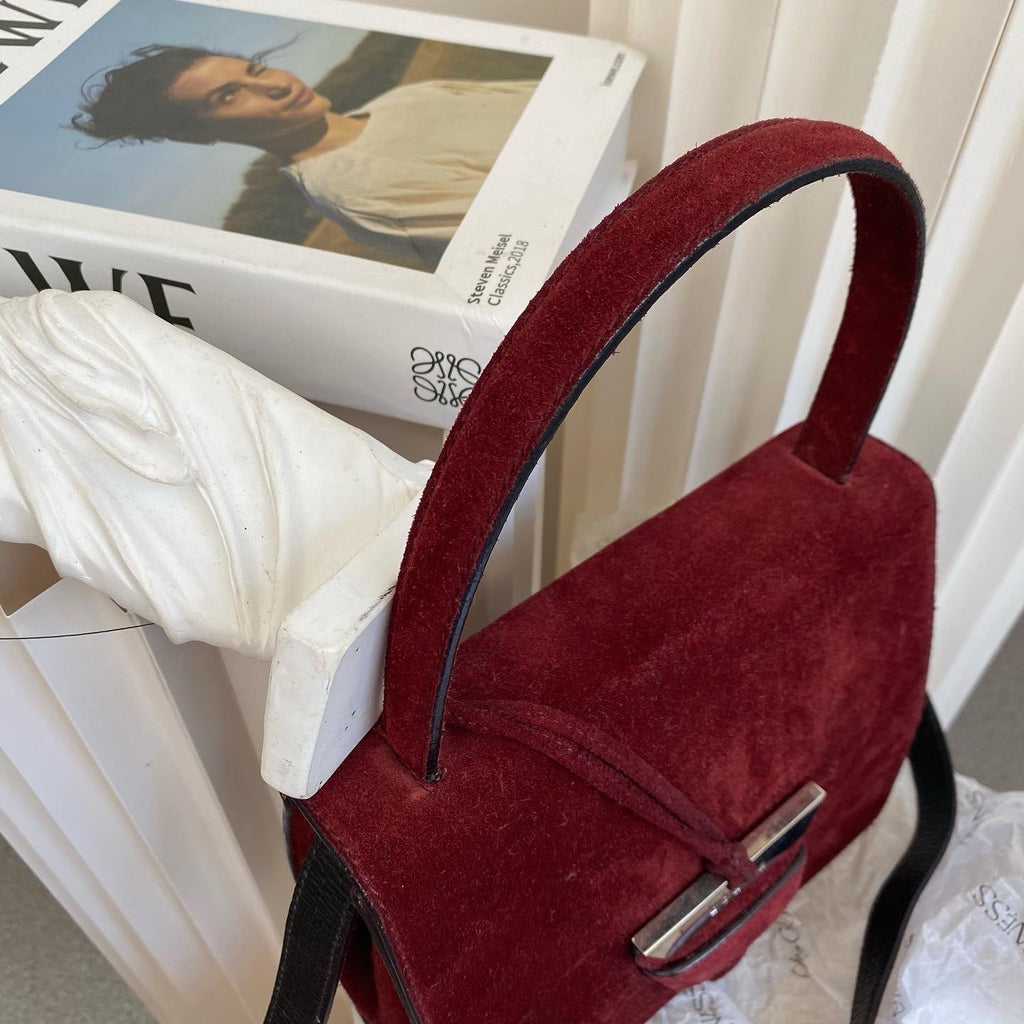 LOEWE Burgundy Suede Silver-Leaf Bag｜Elegant Structured Top Handle in Rich Burgundy Suede ❤️ Timeless Statement Piece