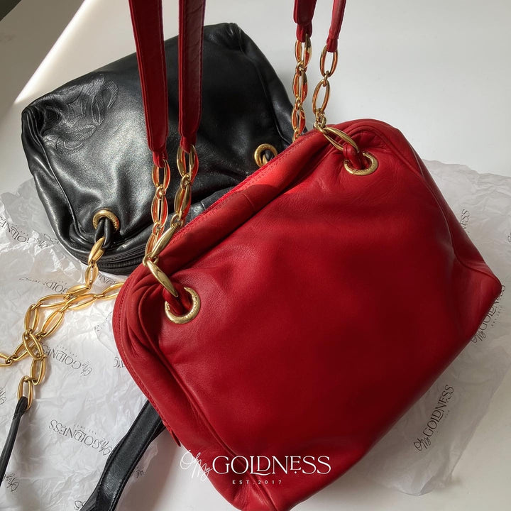 LOEWE Red Lambskin Shell Shoulder Bag｜Gold Chain Elegance with Unique Shape ❤️✨ Vintage Statement Piece