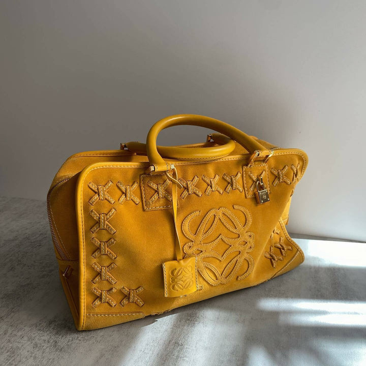LOEWE Mustard Suede Amazona Bag｜Limited Edition Woven Detail 🧳✨ Winter-Perfect Vintage Statement