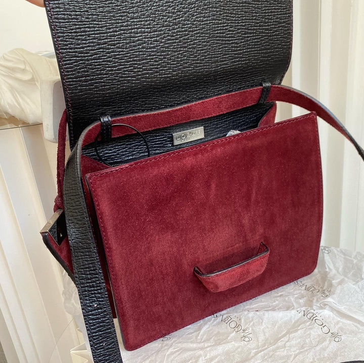 LOEWE Burgundy Suede Silver-Leaf Bag｜Elegant Structured Top Handle in Rich Burgundy Suede ❤️ Timeless Statement Piece