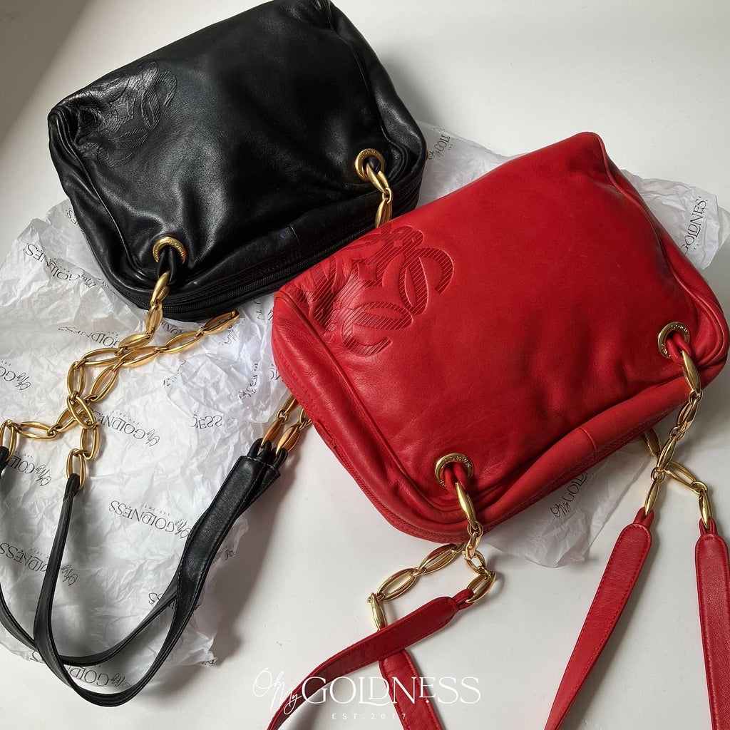 LOEWE Red Lambskin Shell Shoulder Bag｜Gold Chain Elegance with Unique Shape ❤️✨ Vintage Statement Piece
