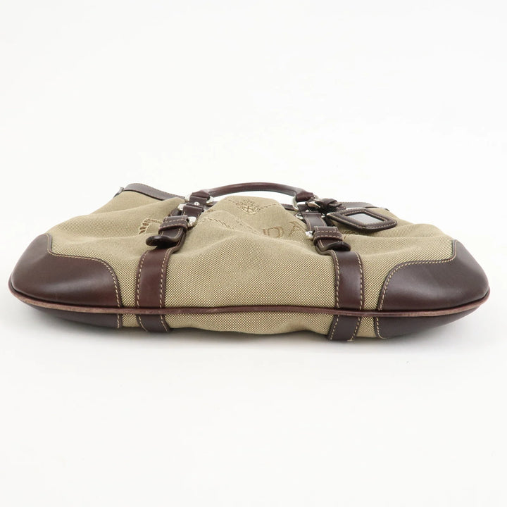 PRADA Logo Jaguard Leather 2way Hand Bag Beige Brown BN1184