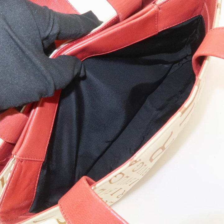 BVLGARI Logo Mania Leather Canvas Shoulder Bag Beige Red
