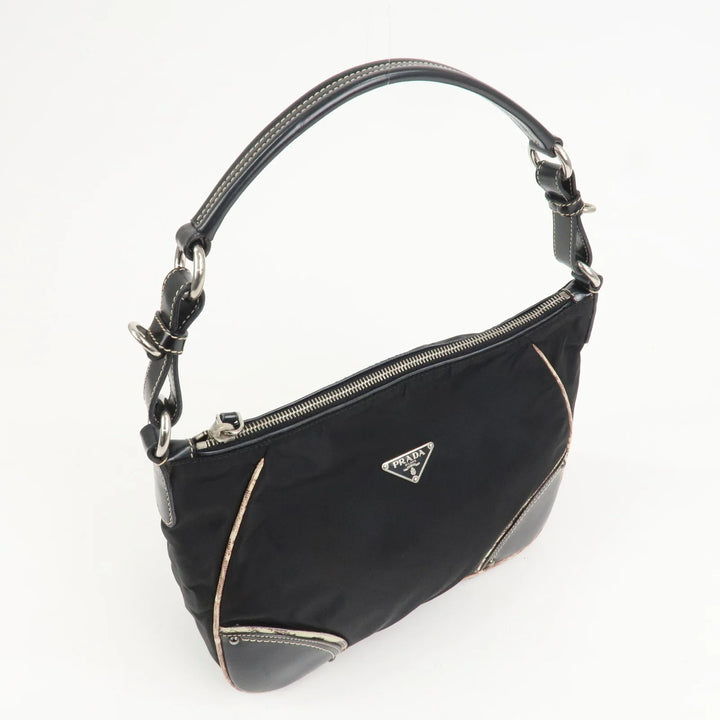 PRADA Triangle Logo Nylon Leather Shoulder Bag Black BR2840