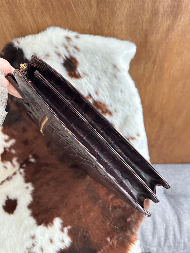 Valentino Croc-Embossed Briefcase Bag 🤎｜Rich Chocolate Tone・Spacious Work Bag・Vintage Luxury