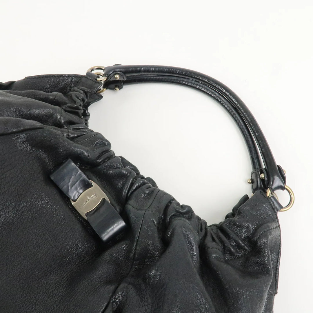 Ferragamo Leather Patent Leather Shoulder Bag Hand Bag Black