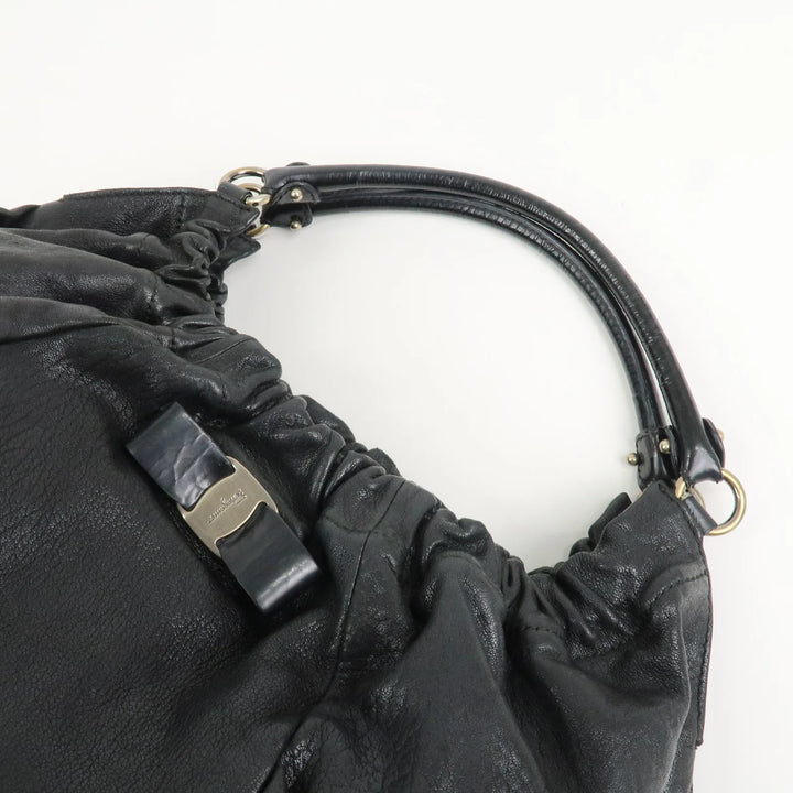 Ferragamo Leather Patent Leather Shoulder Bag Hand Bag Black