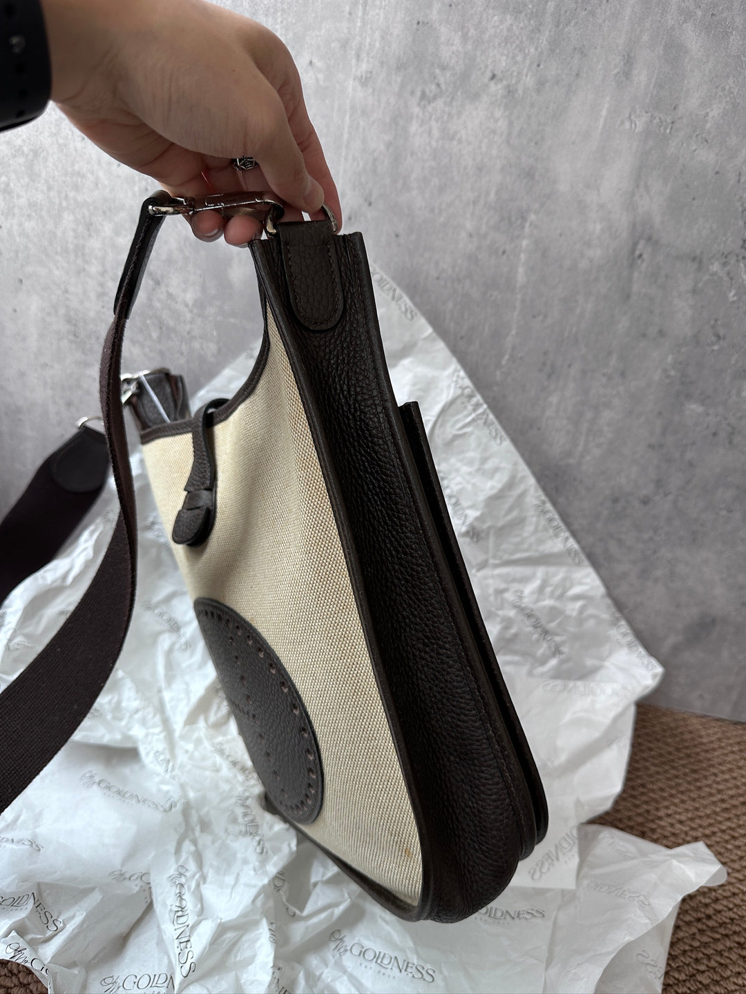 Hermes Evelyn 26 in Beige Canvas & Chocolate Leather – Iconic H Perforation, Lightweight Crossbody