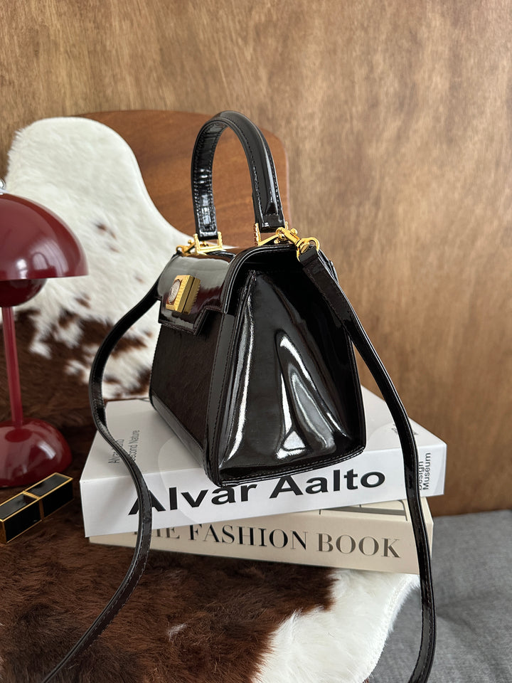 Versace Pony Hair Top Handle Box Bag 🖤✨｜Sun Medallion Clasp × Glossy Patent Trim × Rare Vintage Piece