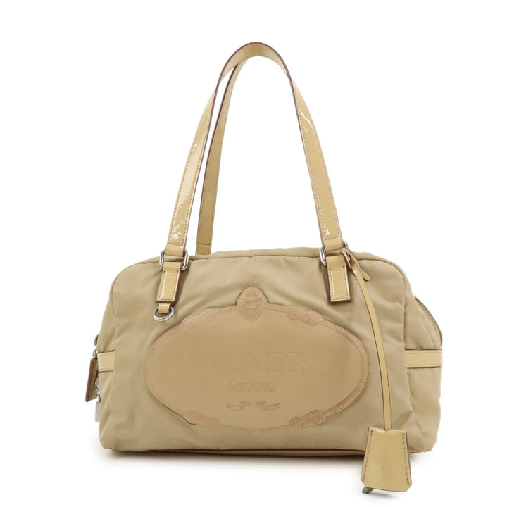 PRADA Logo Nylon Patent Leather Mini Boston Bag Beige BR3150