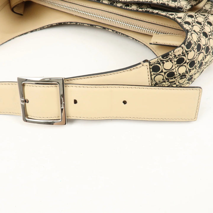 Ferragamo Gancini Canvas Leather Shoulder Bag Beige Black Used