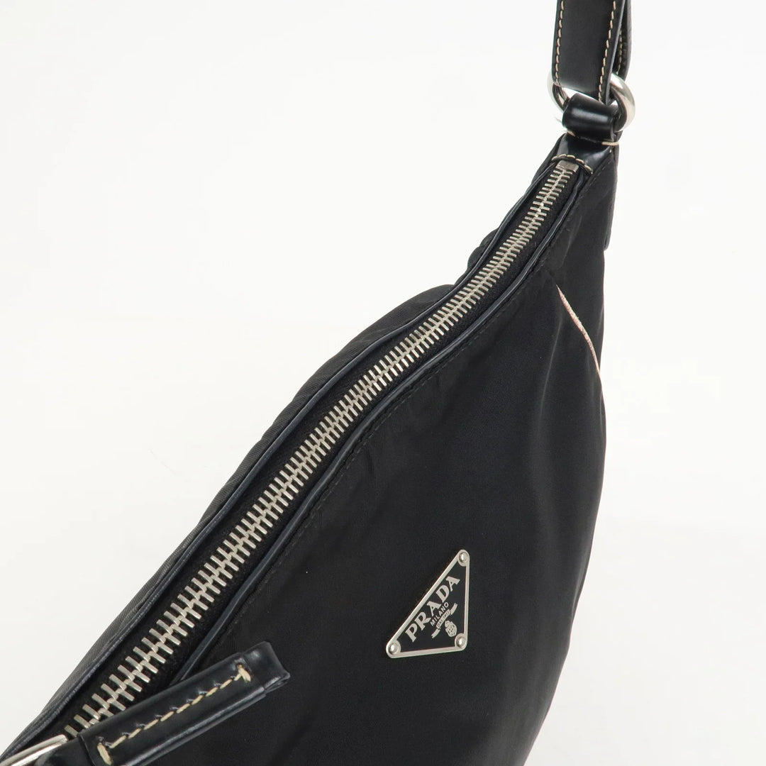 PRADA Triangle Logo Nylon Leather Shoulder Bag Black BR2840