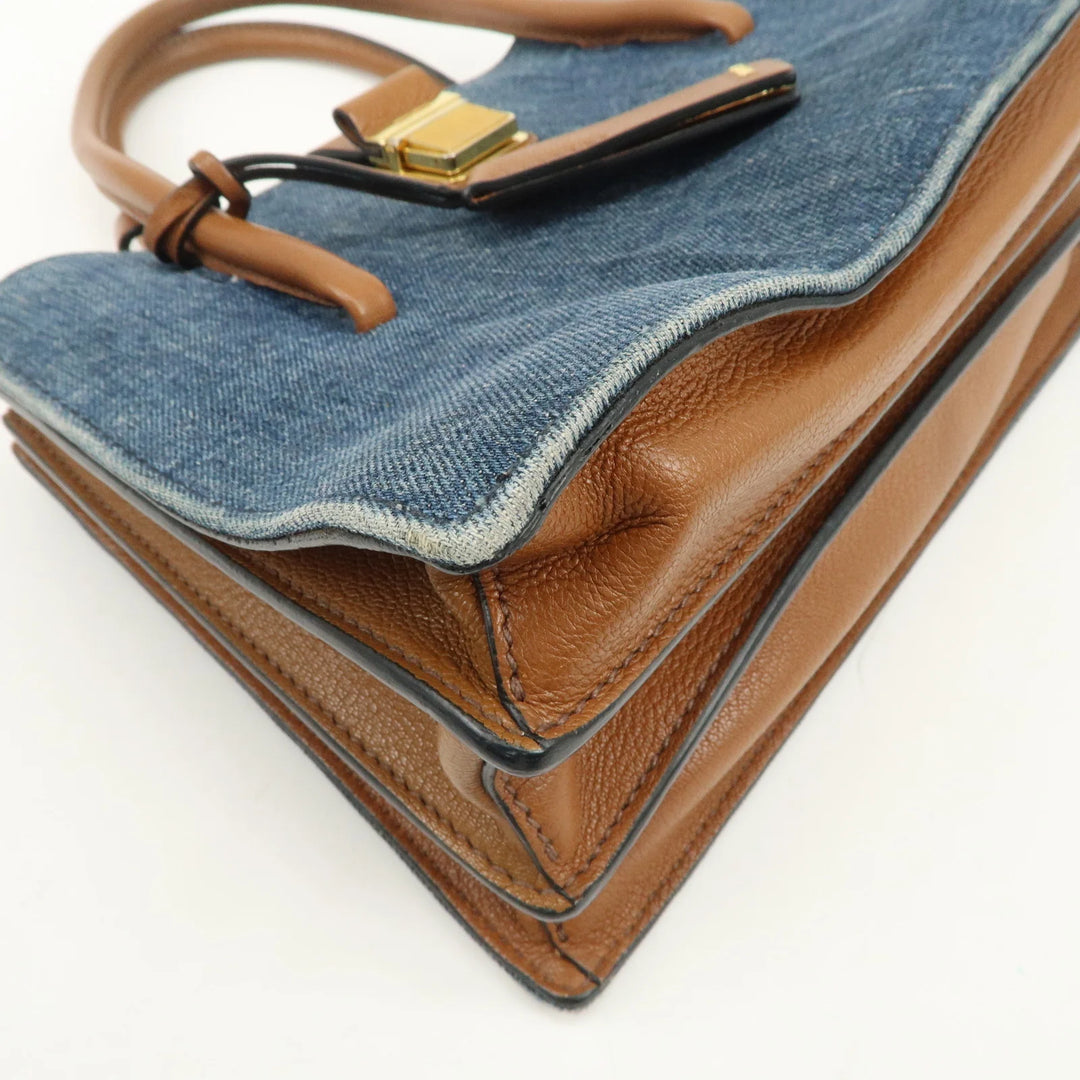 MIU MIU Madras Convertible Denim Leather 2Way Bag Hand Bag 5BA104