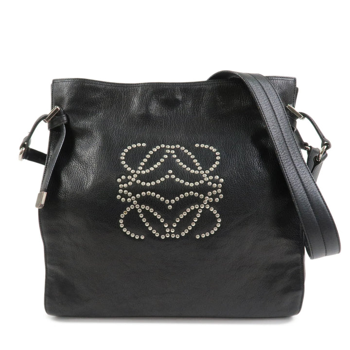 LOEWE Anagram Studs Logo Leather Shoulder Bag Crossbody Bag Black