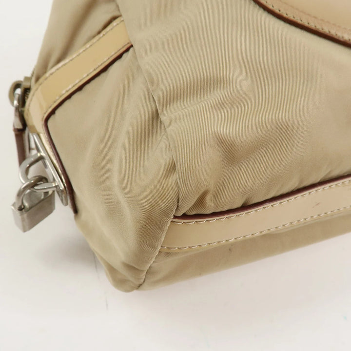PRADA Logo Nylon Patent Leather Mini Boston Bag Beige BR3150