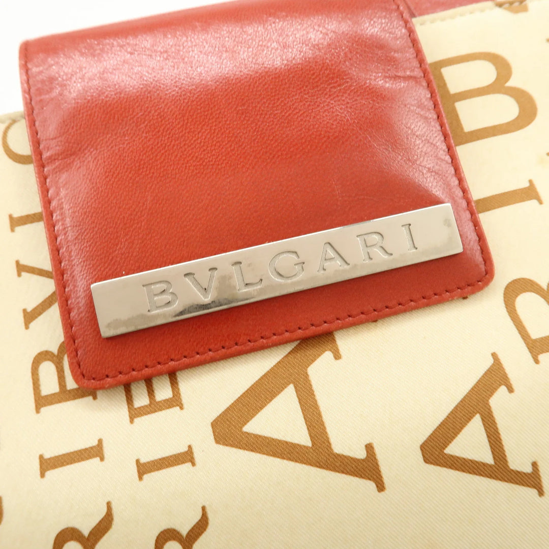 BVLGARI Logo Mania Leather Canvas Shoulder Bag Beige Red