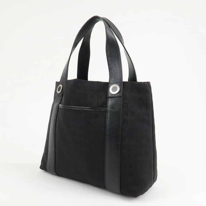 BVLGARI Logo Mania Canvas Leather Hand Bag Tote Bag Black Used
