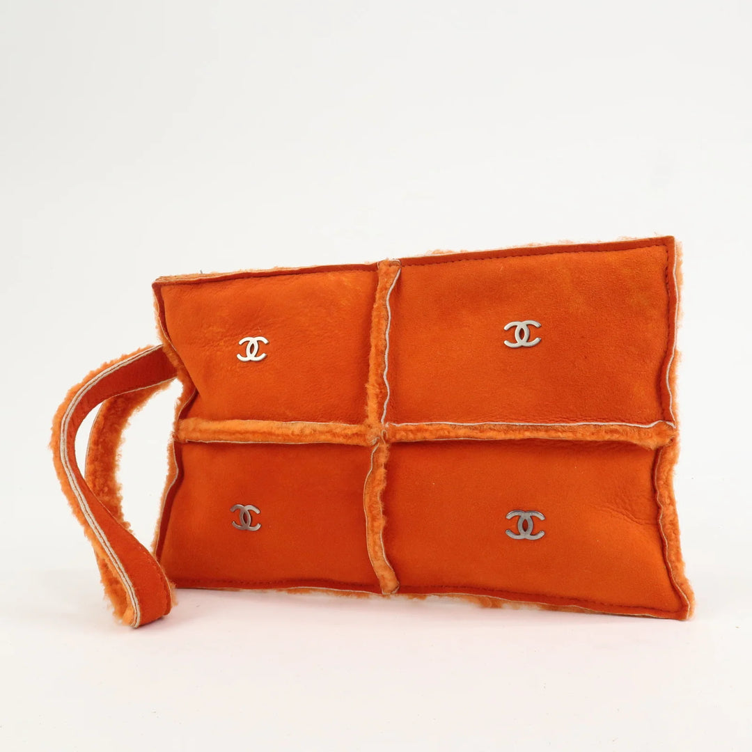 CHANEL Logo Mouton Clutch Bag Cosmetic Pouch Makeup Bag Orange