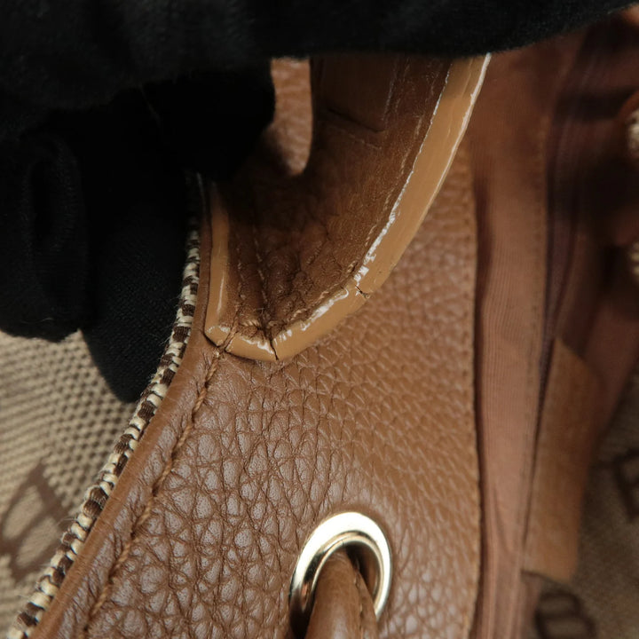 BVLGARI Logo Mania Leather Canvas Tote Bag Shoulder Bag Beige Brown Used