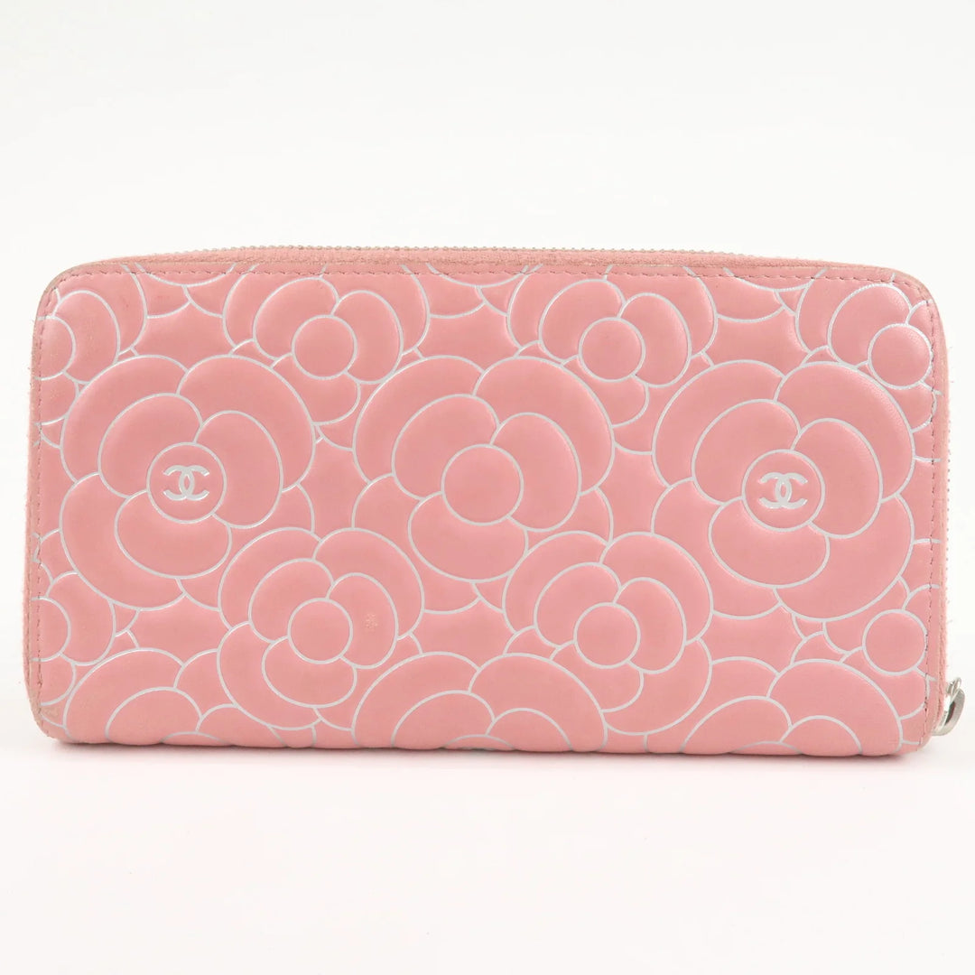 CHANEL Camellia Lamb Skin Long Zippy Wallet Pink A50085 Used