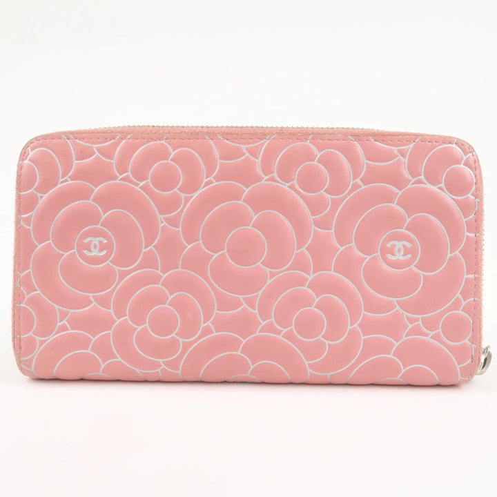 CHANEL Camellia Lamb Skin Long Zippy Wallet Pink A50085 Used