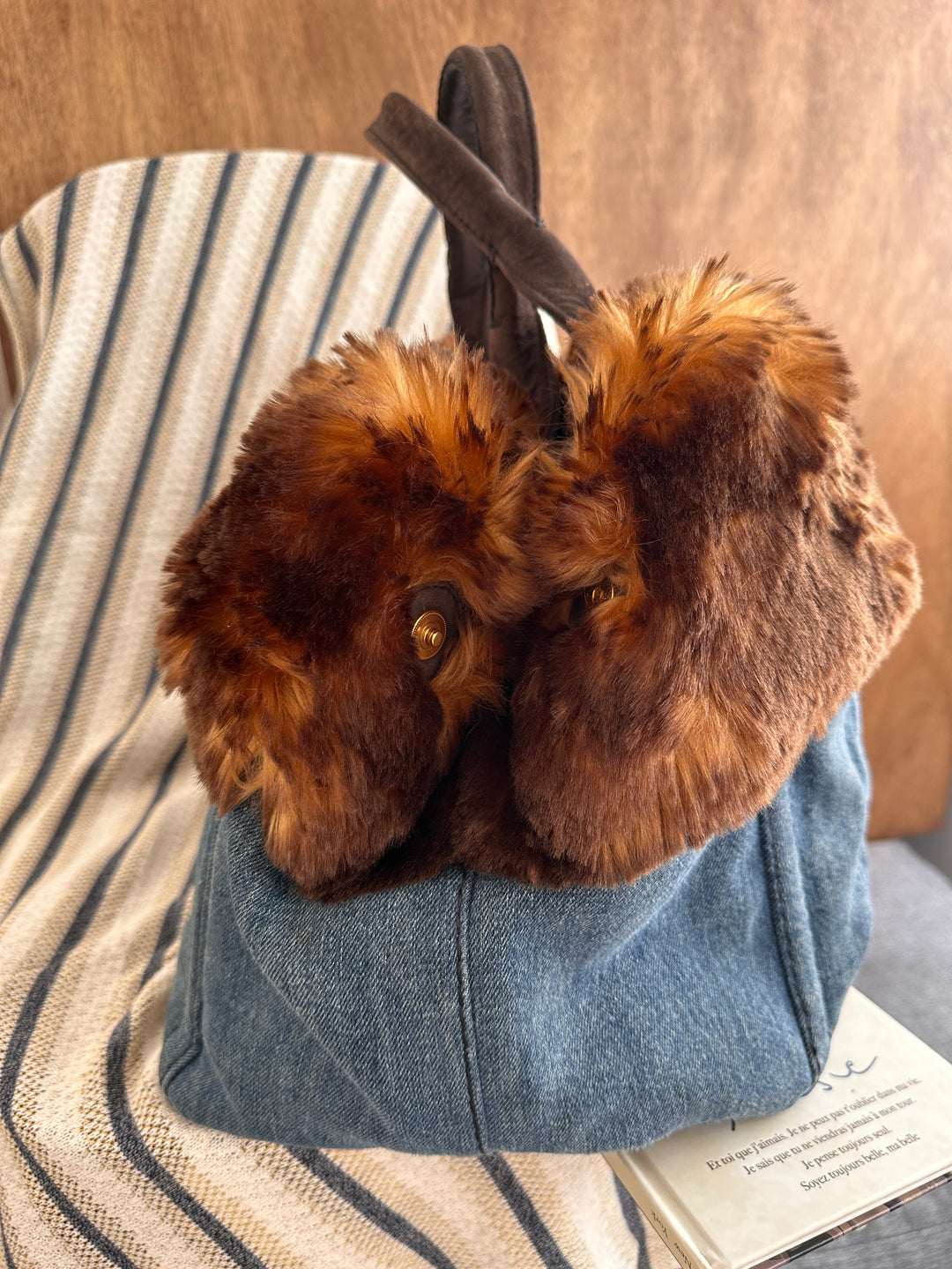 PRADA Fur Trim Denim Tote Bag 🐰｜Soft Fur Trim × Denim Body × Laptop-Friendly Carry