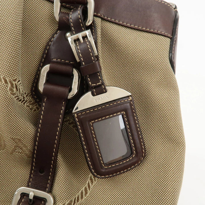 PRADA Logo Jaguard Leather 2way Hand Bag Beige Brown BN1184