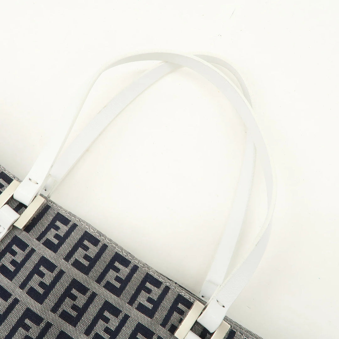 FENDI Zucchino Canvas Leather Tote Bag Hand Bag White Navy 8BH019 Used