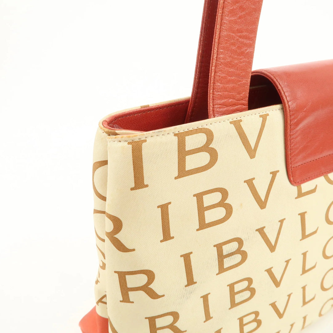 BVLGARI Logo Mania Leather Canvas Shoulder Bag Beige Red