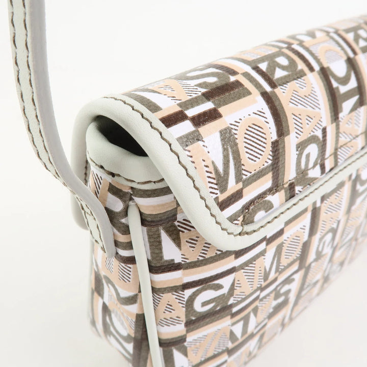 Ferragamo Logo PVC Canvas Leather Shoulder Bag Hand Bag White Gray
