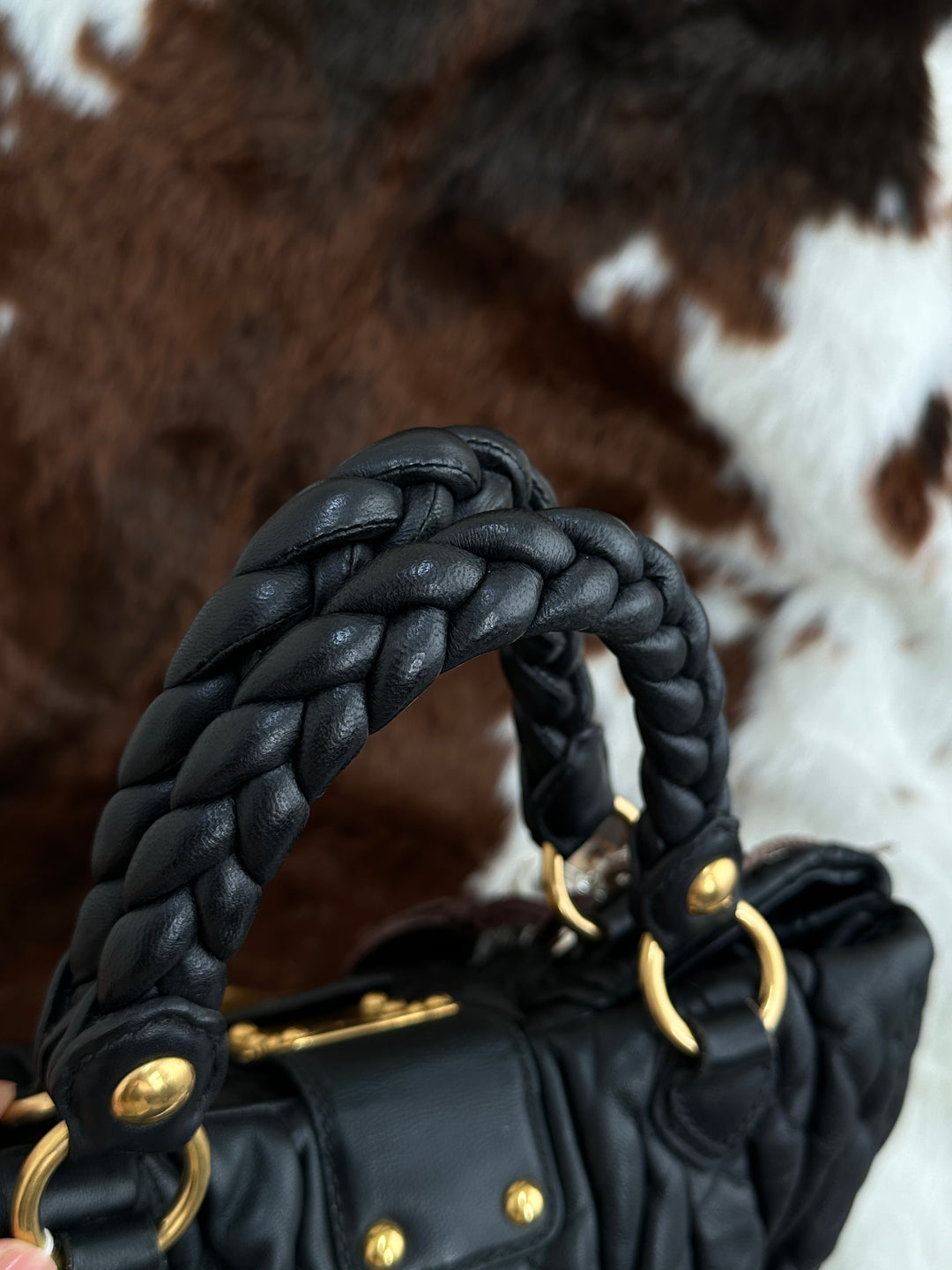 Miu Miu Matelassé Leather Top Handle Bag 🖤｜Braided Handle・Gold Padlock Hardware・Soft Ruched Leather