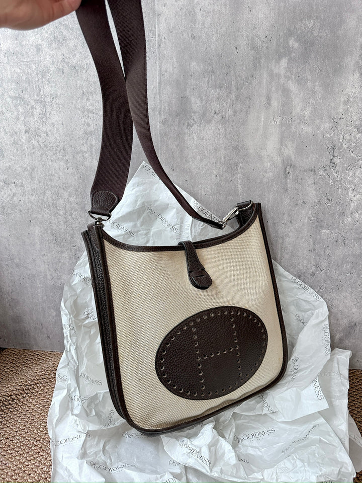 Hermes Evelyn 26 in Beige Canvas & Chocolate Leather – Iconic H Perforation, Lightweight Crossbody