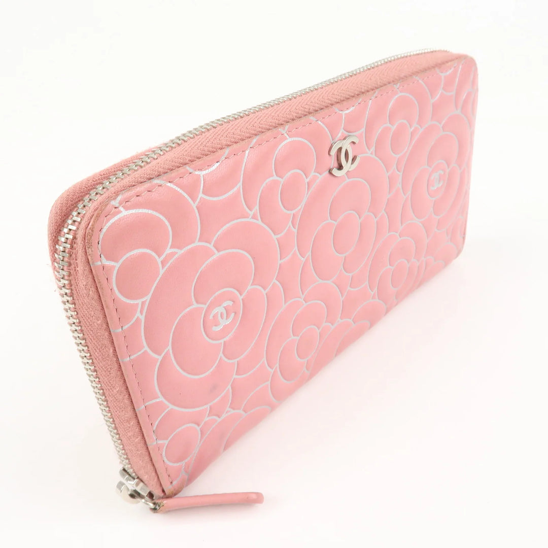 CHANEL Camellia Lamb Skin Long Zippy Wallet Pink A50085 Used