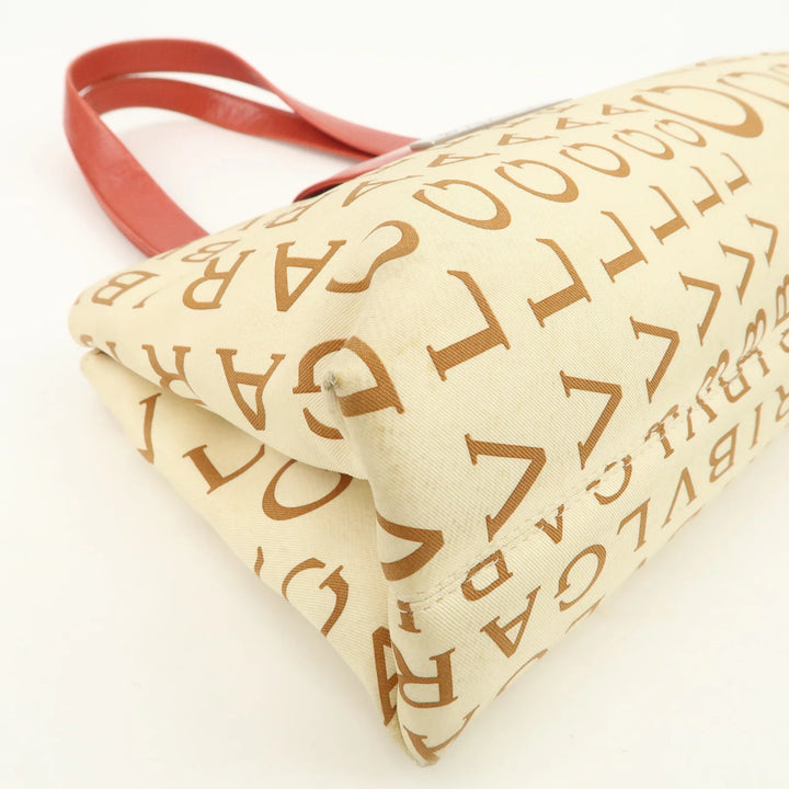 BVLGARI Logo Mania Leather Canvas Shoulder Bag Beige Red