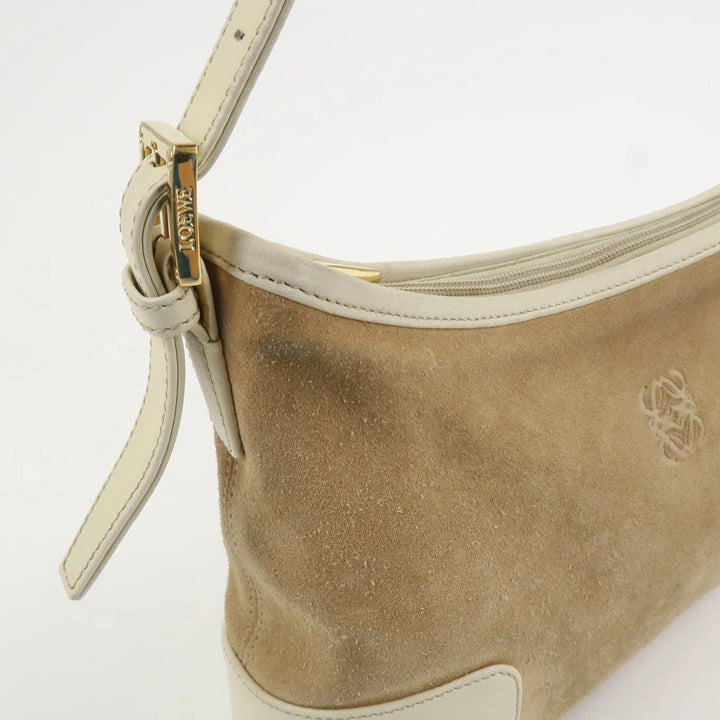 LOEWE Anagram Leather Suede Shoulder Bag Hand Bag Beige Ivory