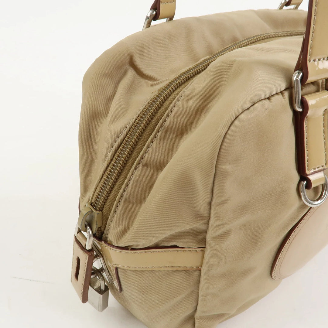 PRADA Logo Nylon Patent Leather Mini Boston Bag Beige BR3150