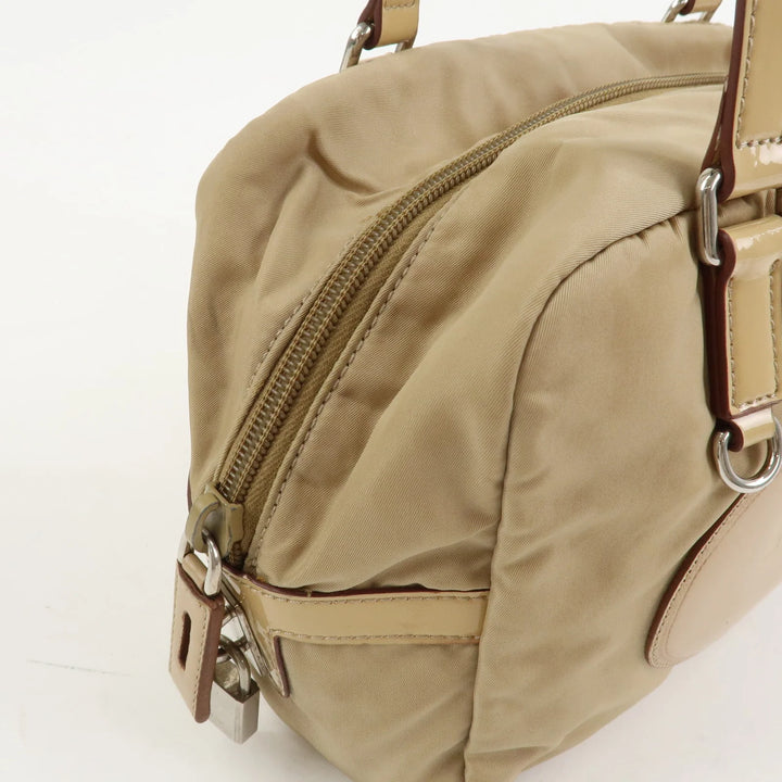 PRADA Logo Nylon Patent Leather Mini Boston Bag Beige BR3150