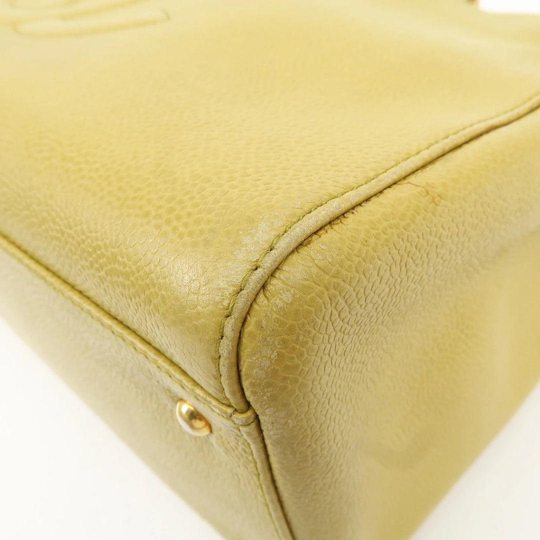 CHANEL Caviar Skin Coco Mark Chain Tote Bag Mustard Gold HDW Used