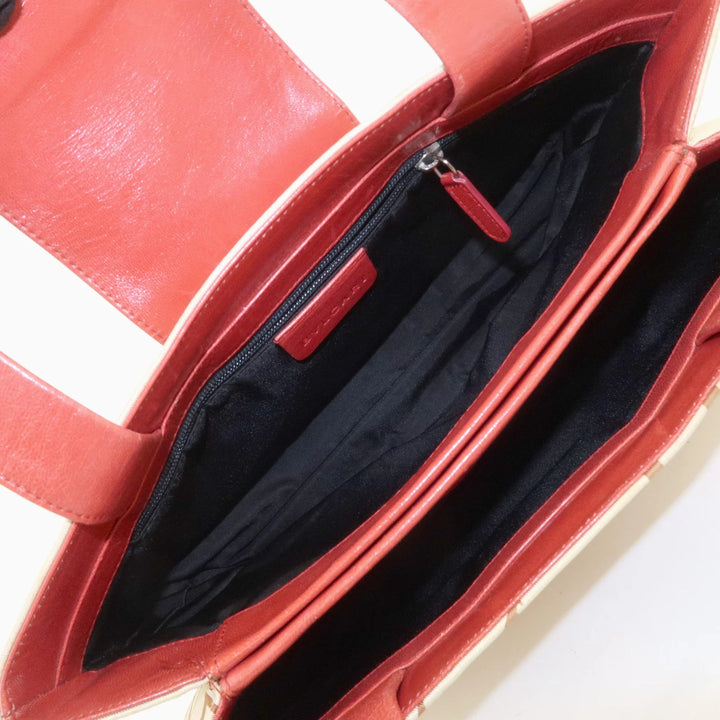 BVLGARI Logo Mania Leather Canvas Shoulder Bag Beige Red